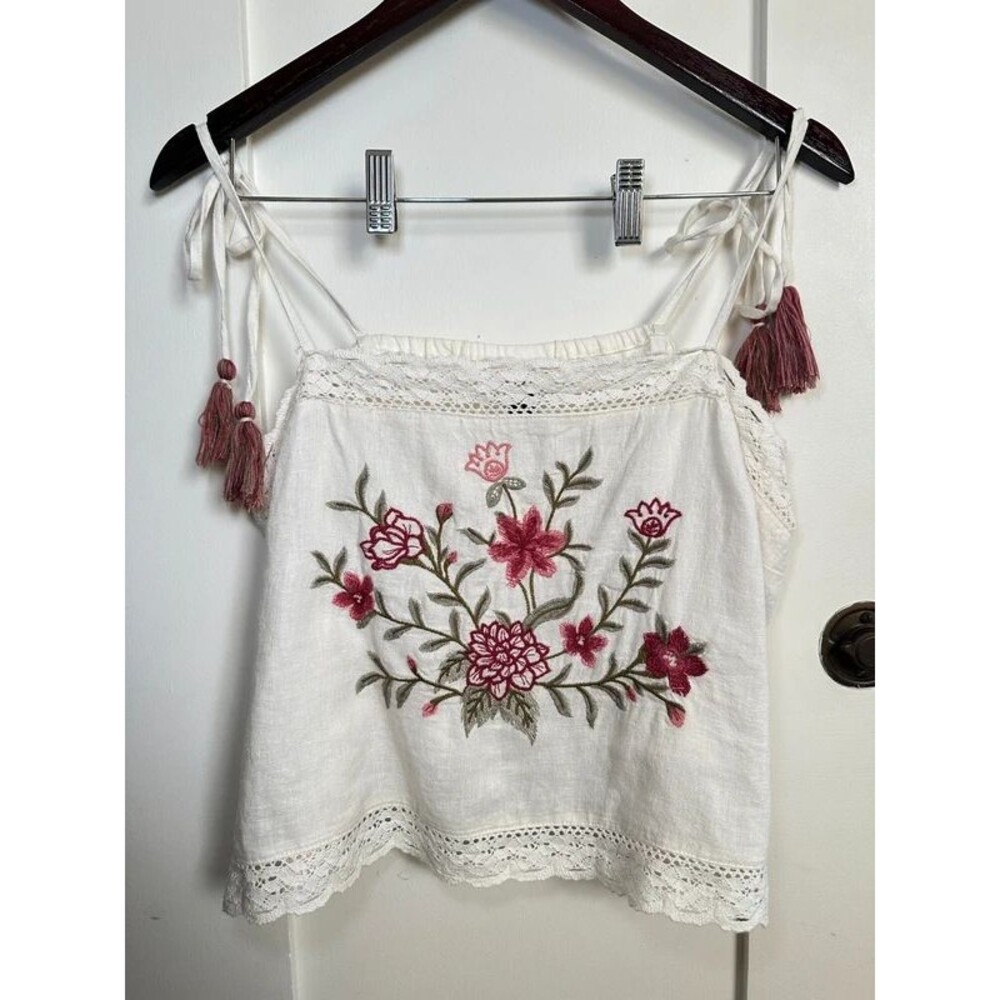 Universal Thread Floral Embroidered Cami Tank Top Tie Straps White XL NWT